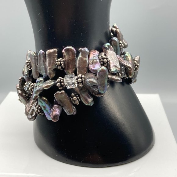 Vintage Triple Strand Biwa Pearl and Cut Crystal Bracelet with Sterling Silver - Picture 3 of 7